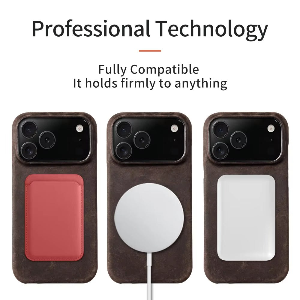 Luxury iPhone Case — Genuine Pull-Up Leather MagSafe Cover with Handcrafted Design, Shockproof Protection and Strong Magnetic Back Finish