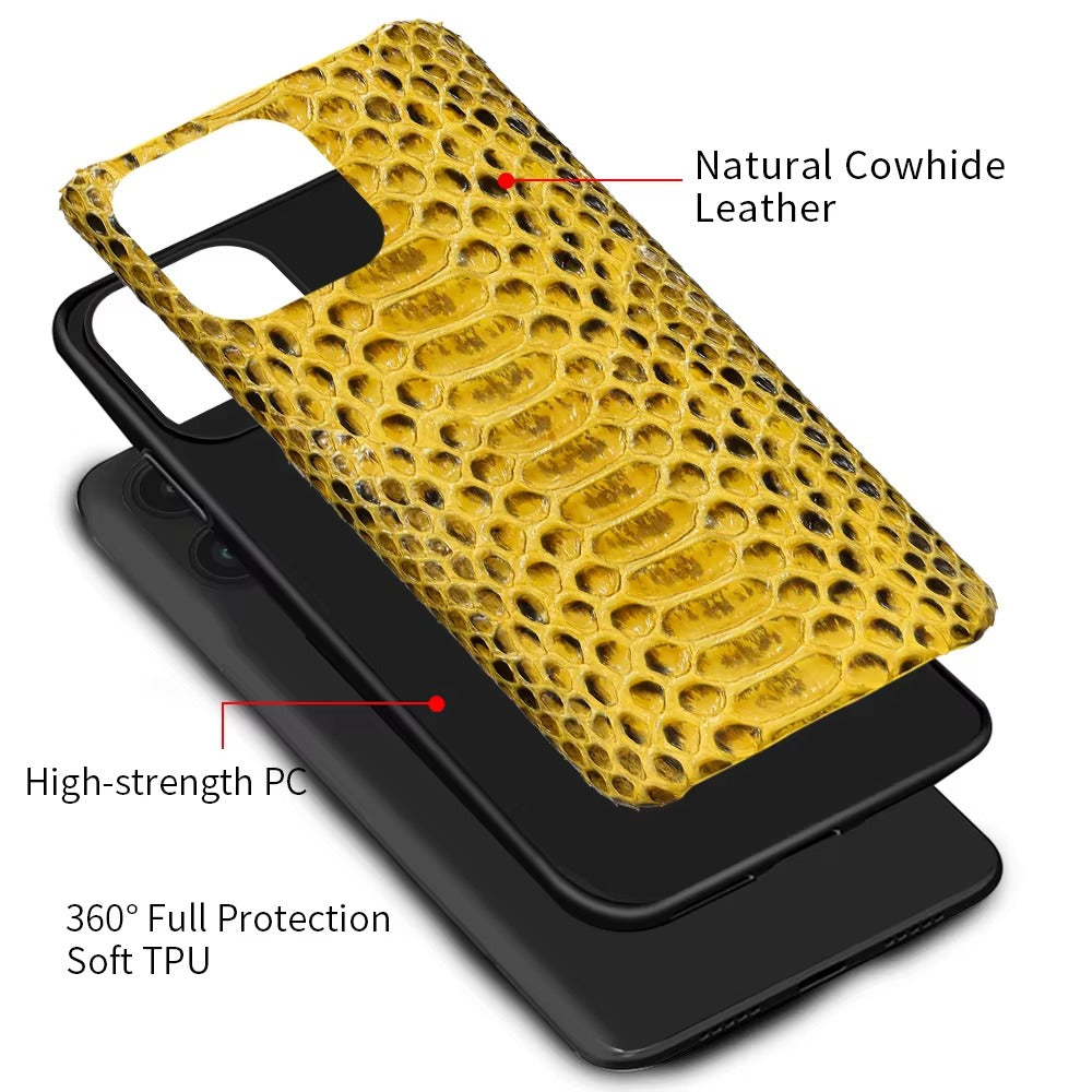 Luxury iPhone Case — Genuine Python Leather Back Cover with Anti-Fingerprint Anti-Scratch Protection, Lightweight Non-Slip PC Hybrid Design