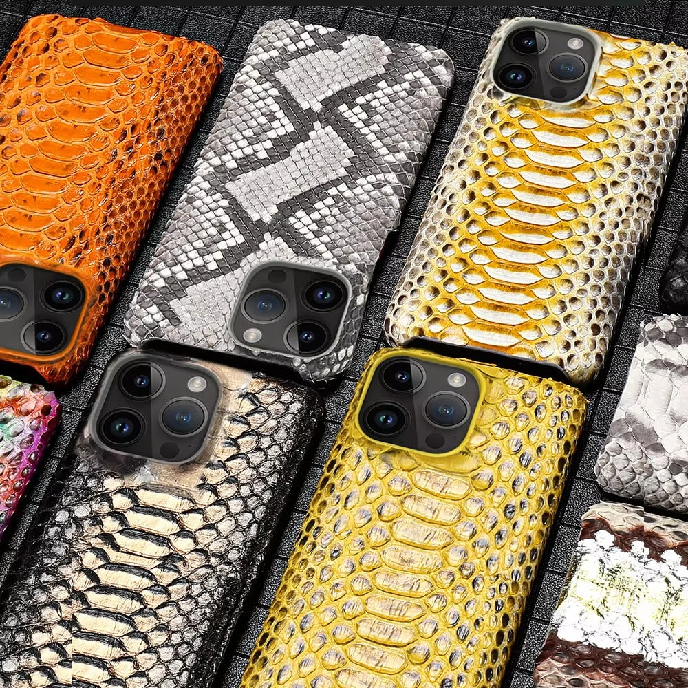 Luxury iPhone Case — Genuine Python Leather Back Cover with Anti-Fingerprint Anti-Scratch Protection, Lightweight Non-Slip PC Hybrid Design