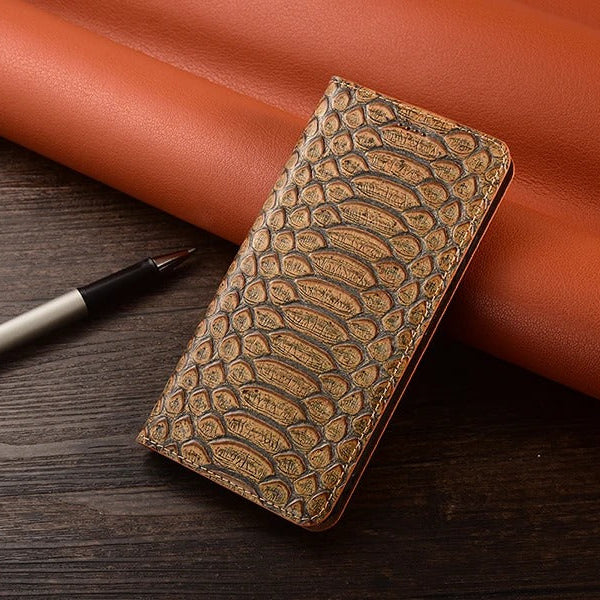 Luxury iPhone Case — Genuine Python Leather Wallet Flip Cover with Snake Skin Design, Card Holder, Non-Slip Grip & Full-Screen Protective Closure