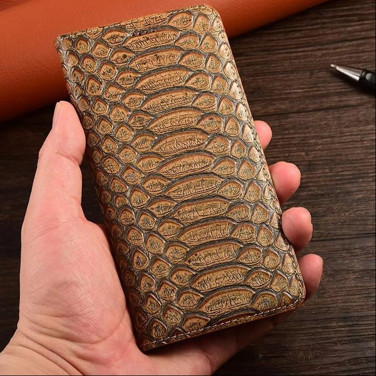 Luxury iPhone Case — Genuine Python Leather Wallet Flip Cover with Snake Skin Design, Card Holder, Non-Slip Grip & Full-Screen Protective Closure