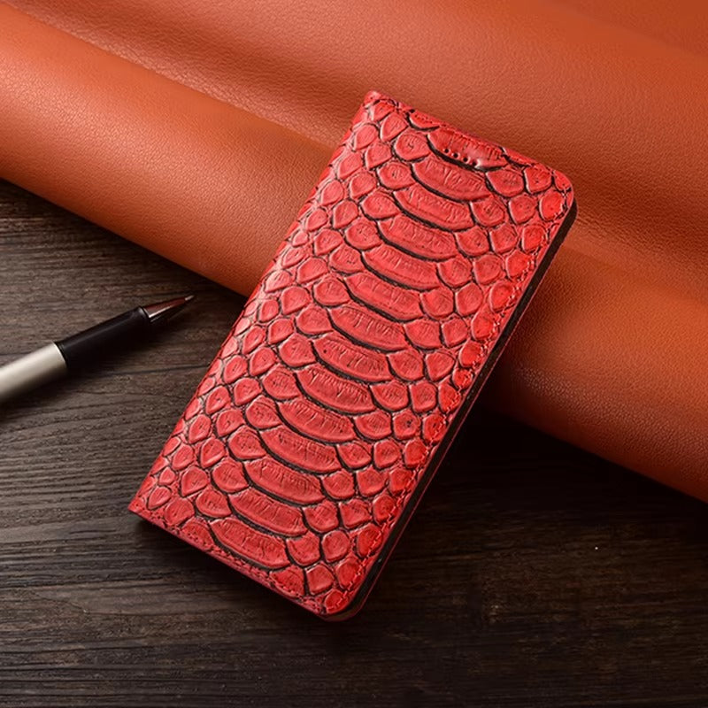 Luxury iPhone Case — Genuine Python Leather Wallet Flip Cover with Snake Skin Design, Card Holder, Non-Slip Grip & Full-Screen Protective Closure