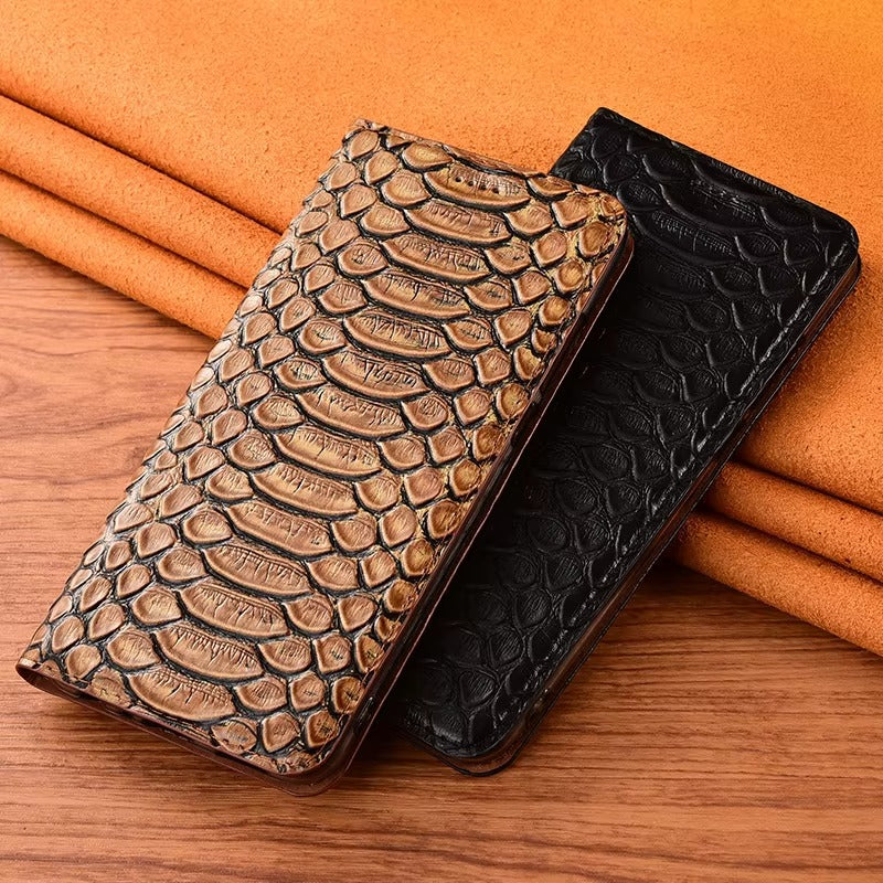 Luxury iPhone Case — Genuine Python Leather Wallet Flip Cover with Snake Skin Design, Card Holder, Non-Slip Grip & Full-Screen Protective Closure