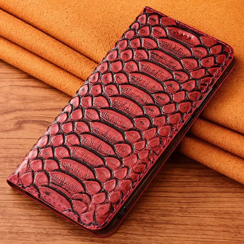 Luxury iPhone Case — Genuine Python Leather Wallet Flip Cover with Snake Skin Design, Card Holder, Non-Slip Grip & Full-Screen Protective Closure