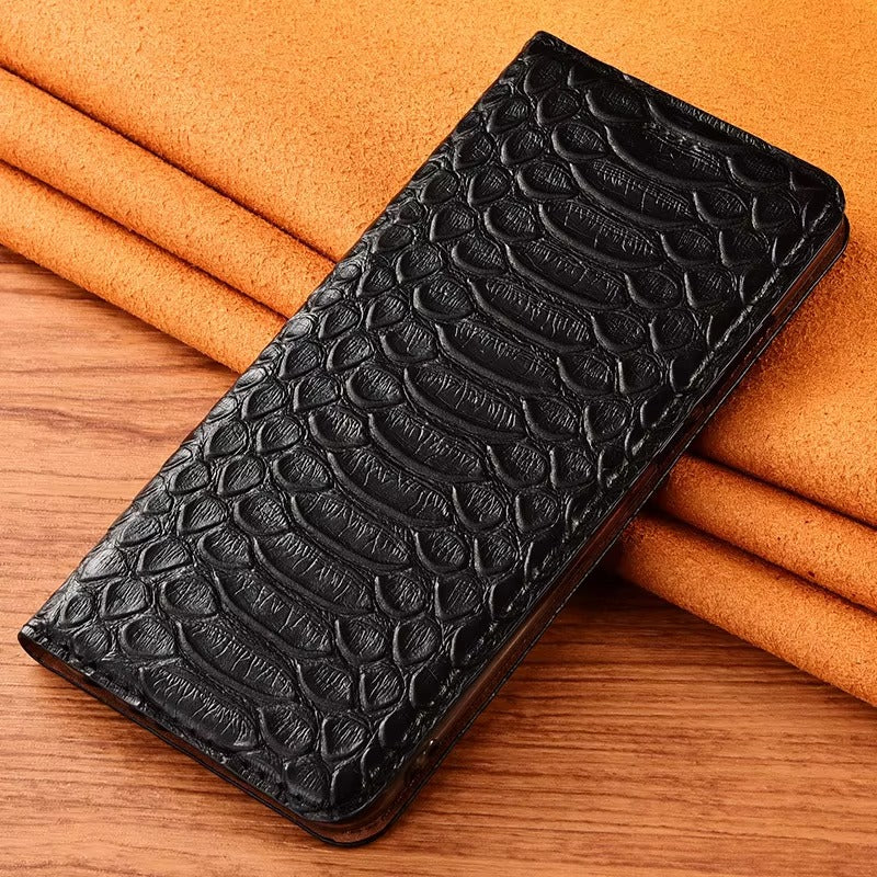 Luxury iPhone Case — Genuine Python Leather Wallet Flip Cover with Snake Skin Design, Card Holder, Non-Slip Grip & Full-Screen Protective Closure