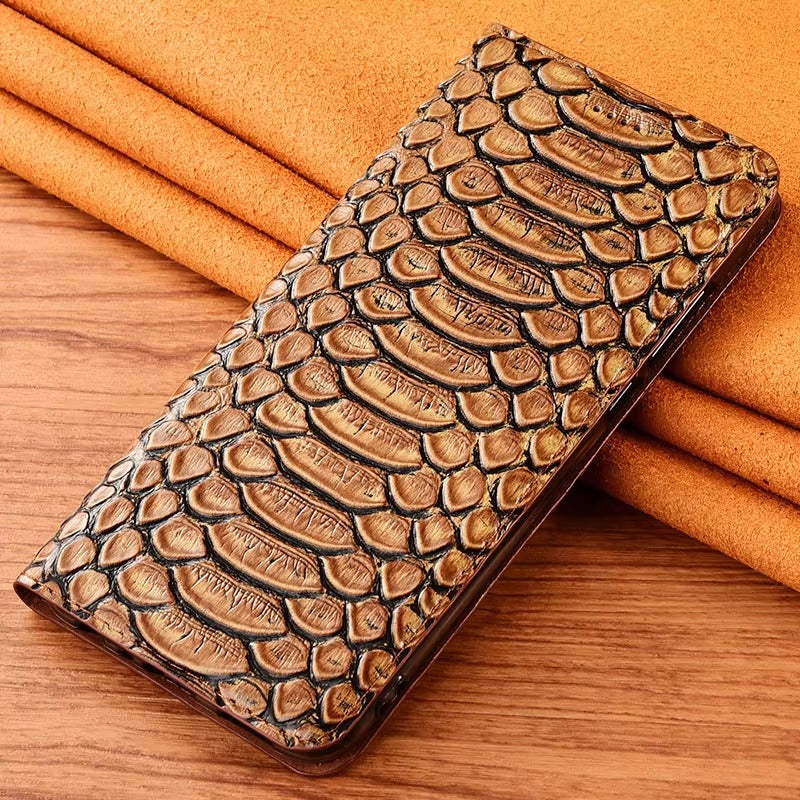 Luxury iPhone Case — Genuine Python Leather Wallet Flip Cover with Snake Skin Design, Card Holder, Non-Slip Grip & Full-Screen Protective Closure