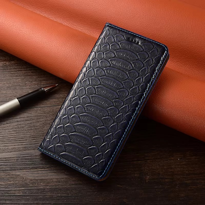 Luxury iPhone Case — Genuine Python Leather Wallet Flip Cover with Snake Skin Design, Card Holder, Non-Slip Grip & Full-Screen Protective Closure