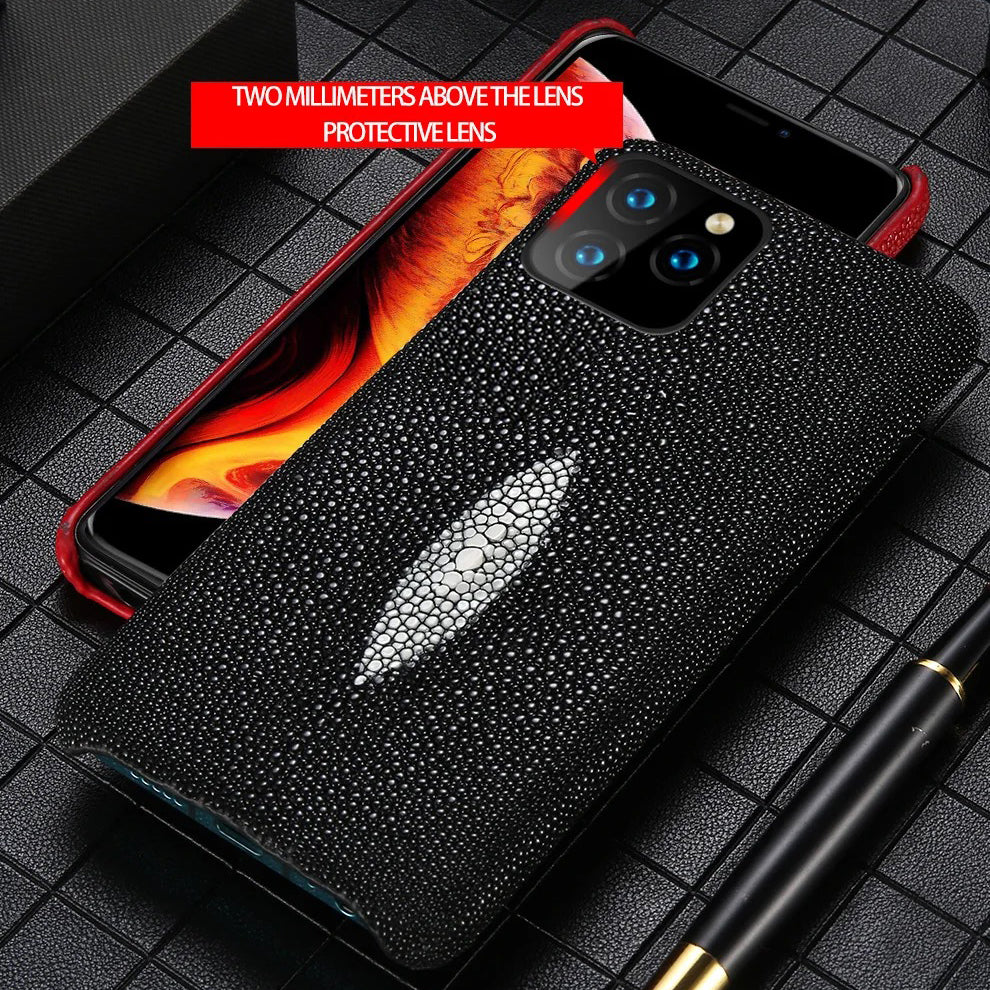 Luxury iPhone Case — Genuine Stingray Leather Shockproof Cover with Lightweight Half-Wrapped Design, Anti-Fingerprint Dustproof Protection and Premium Craft Finish