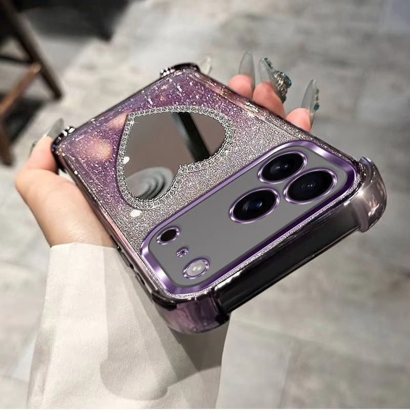Luxury iPhone Case — Glitter Plating Love Mirror Bracelet Cover with MagSafe Stand Holder, Shockproof Anti-Fingerprint Silicone & Non-Slip Soft Design