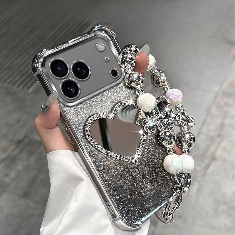Luxury iPhone Case — Glitter Plating Love Mirror Bracelet Cover with MagSafe Stand Holder, Shockproof Anti-Fingerprint Silicone & Non-Slip Soft Design