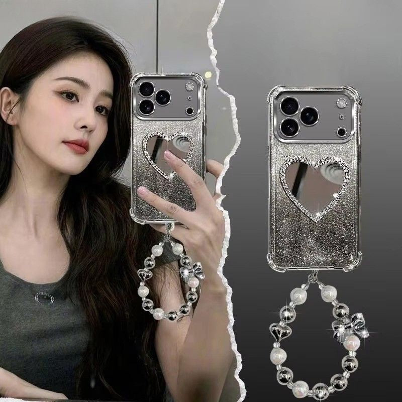 Luxury iPhone Case — Glitter Plating Love Mirror Bracelet Cover with MagSafe Stand Holder, Shockproof Anti-Fingerprint Silicone & Non-Slip Soft Design
