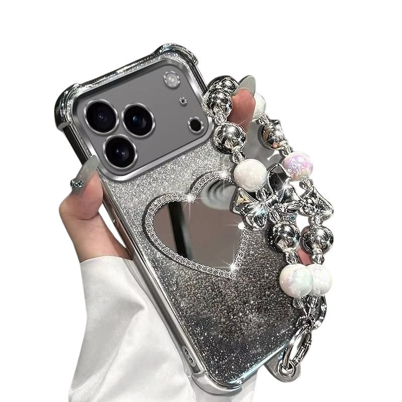 Luxury iPhone Case — Glitter Plating Love Mirror Bracelet Cover with MagSafe Stand Holder, Shockproof Anti-Fingerprint Silicone & Non-Slip Soft Design