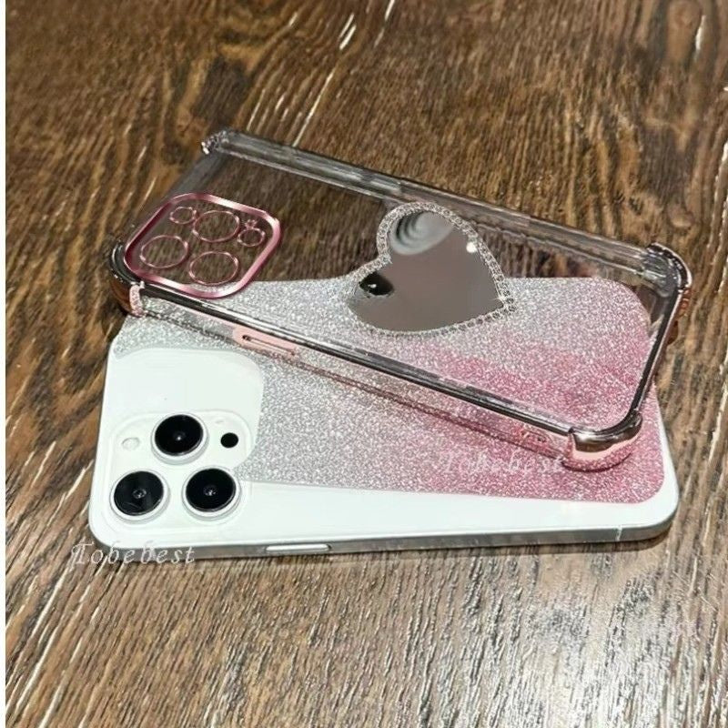Luxury iPhone Case — Glitter Plating Love Mirror Bracelet Cover with MagSafe Stand Holder, Shockproof Anti-Fingerprint Silicone & Non-Slip Soft Design