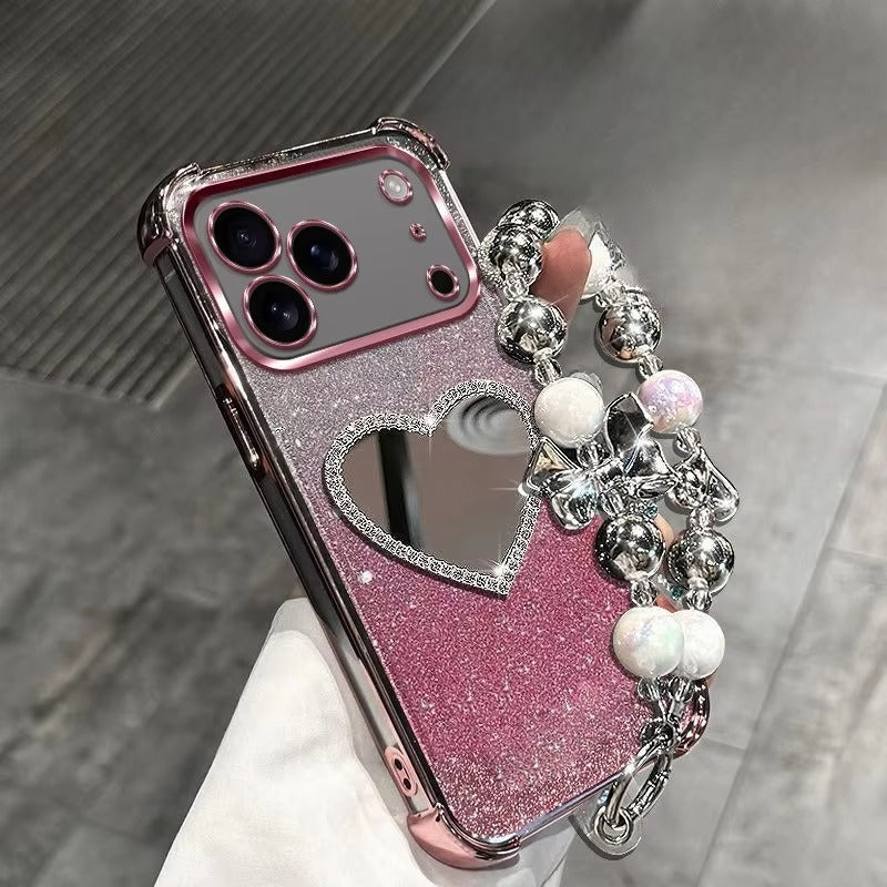 Luxury iPhone Case — Glitter Plating Love Mirror Bracelet Cover with MagSafe Stand Holder, Shockproof Anti-Fingerprint Silicone & Non-Slip Soft Design
