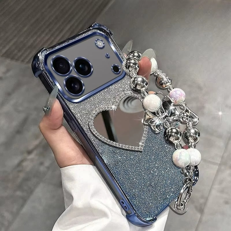 Luxury iPhone Case — Glitter Plating Love Mirror Bracelet Cover with MagSafe Stand Holder, Shockproof Anti-Fingerprint Silicone & Non-Slip Soft Design