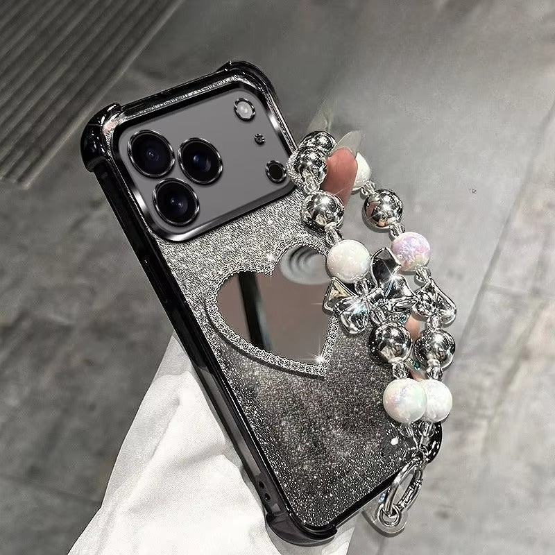 Luxury iPhone Case — Glitter Plating Love Mirror Bracelet Cover with MagSafe Stand Holder, Shockproof Anti-Fingerprint Silicone & Non-Slip Soft Design