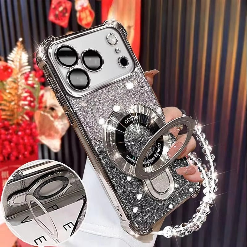 Luxury iPhone Case — Glitter Plating Magnetic Bracelet Cover with Shockproof Dual-Layer Protection, Clear Anti-Fingerprint Silicone, Kickstand Holder & MagSafe Support