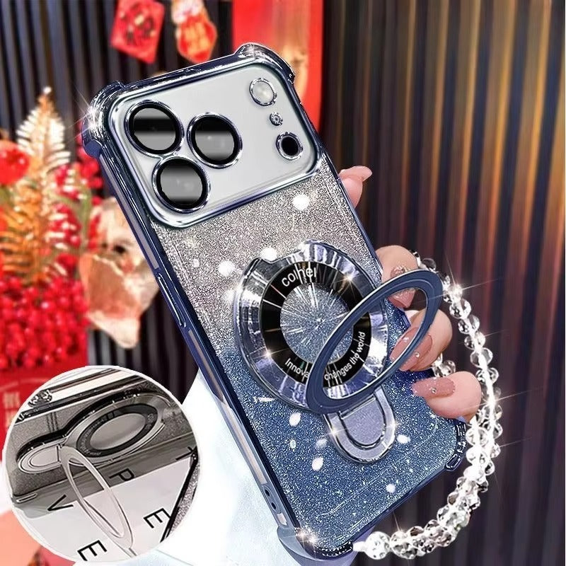 Luxury iPhone Case — Glitter Plating Magnetic Bracelet Cover with Shockproof Dual-Layer Protection, Clear Anti-Fingerprint Silicone, Kickstand Holder & MagSafe Support