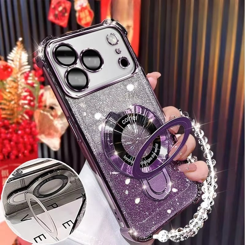 Luxury iPhone Case — Glitter Plating Magnetic Bracelet Cover with Shockproof Dual-Layer Protection, Clear Anti-Fingerprint Silicone, Kickstand Holder & MagSafe Support