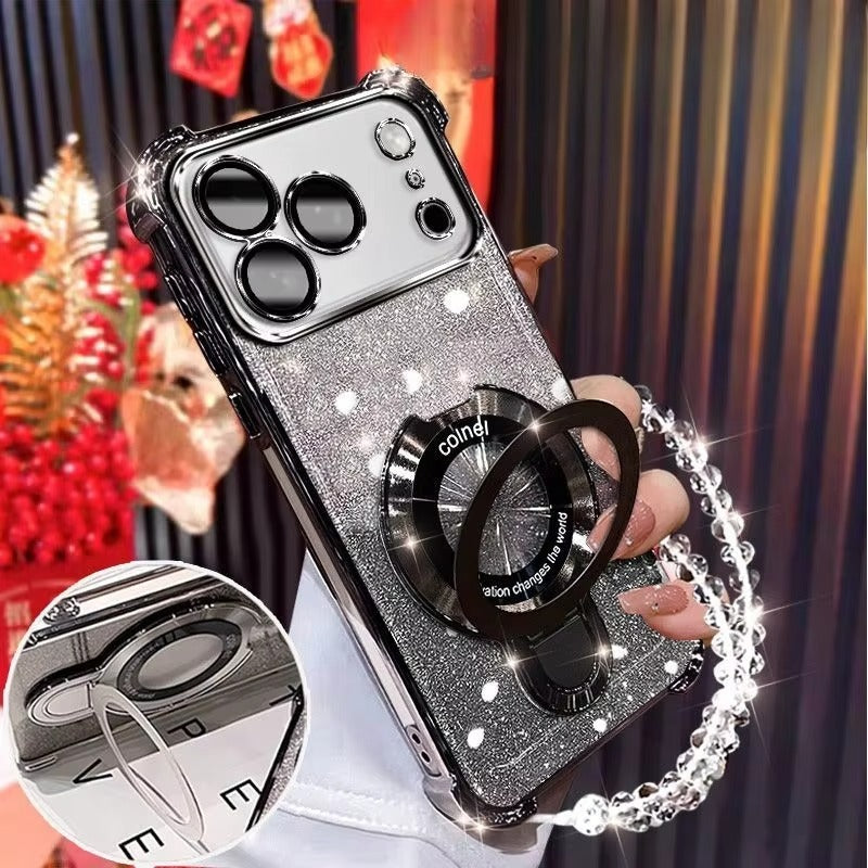 Luxury iPhone Case — Glitter Plating Magnetic Bracelet Cover with Shockproof Dual-Layer Protection, Clear Anti-Fingerprint Silicone, Kickstand Holder & MagSafe Support
