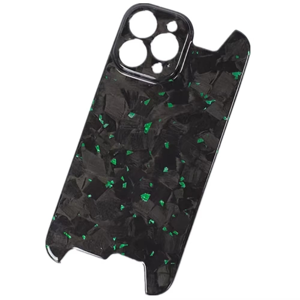 Luxury iPhone Case — Glossy Forged Pure Carbon Fiber Ultra-Thin Cover with Glitter Irregular Design, Shockproof Lightweight Half-Wrapped Protection