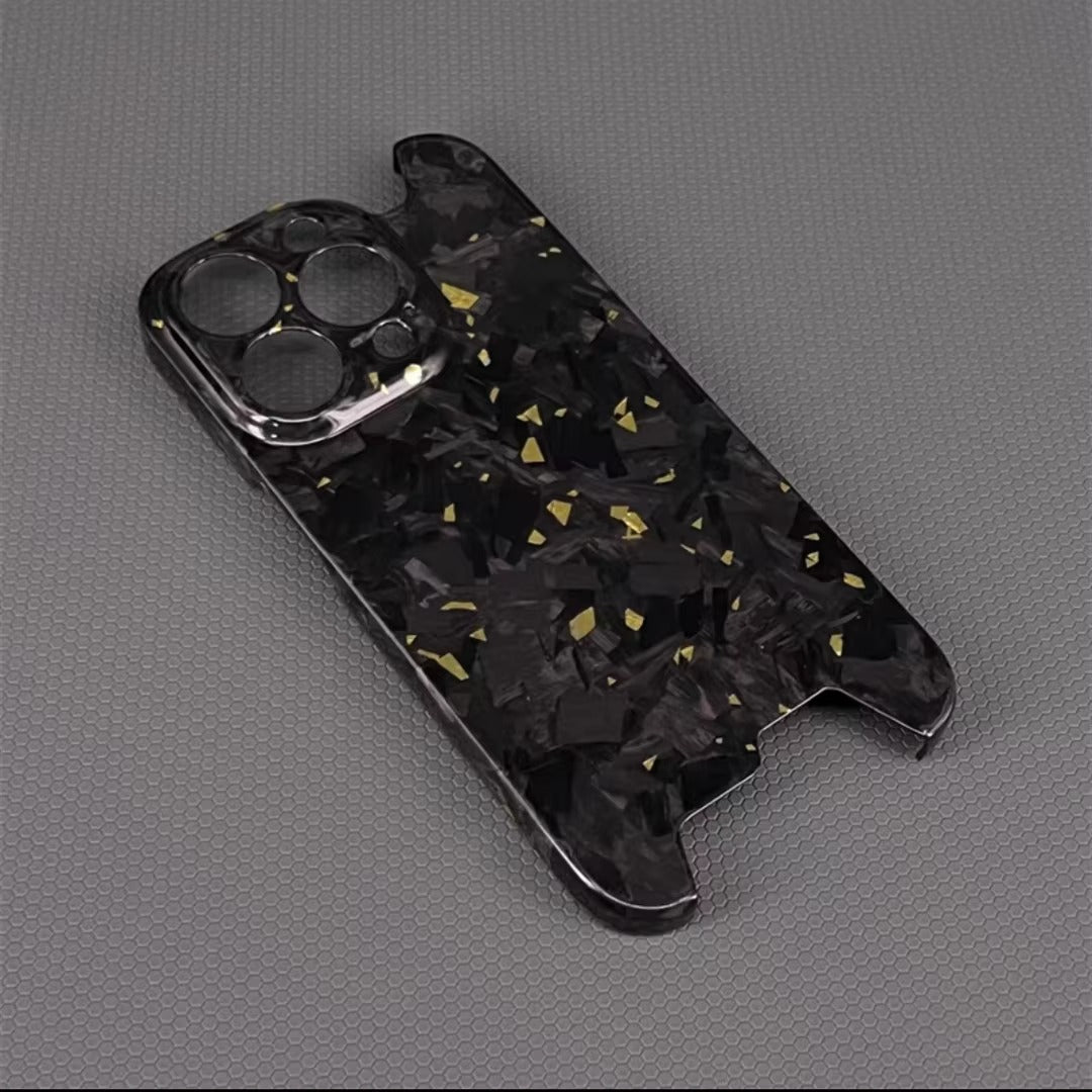 Luxury iPhone Case — Glossy Forged Pure Carbon Fiber Ultra-Thin Cover with Glitter Irregular Design, Shockproof Lightweight Half-Wrapped Protection