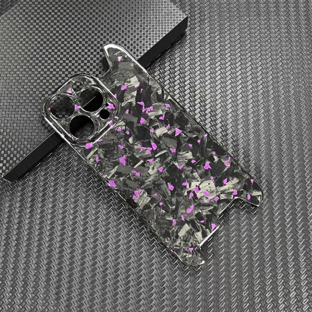 Luxury iPhone Case — Glossy Forged Pure Carbon Fiber Ultra-Thin Cover with Glitter Irregular Design, Shockproof Lightweight Half-Wrapped Protection