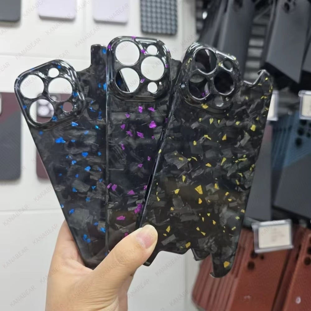 Luxury iPhone Case — Glossy Forged Pure Carbon Fiber Ultra-Thin Cover with Glitter Irregular Design, Shockproof Lightweight Half-Wrapped Protection