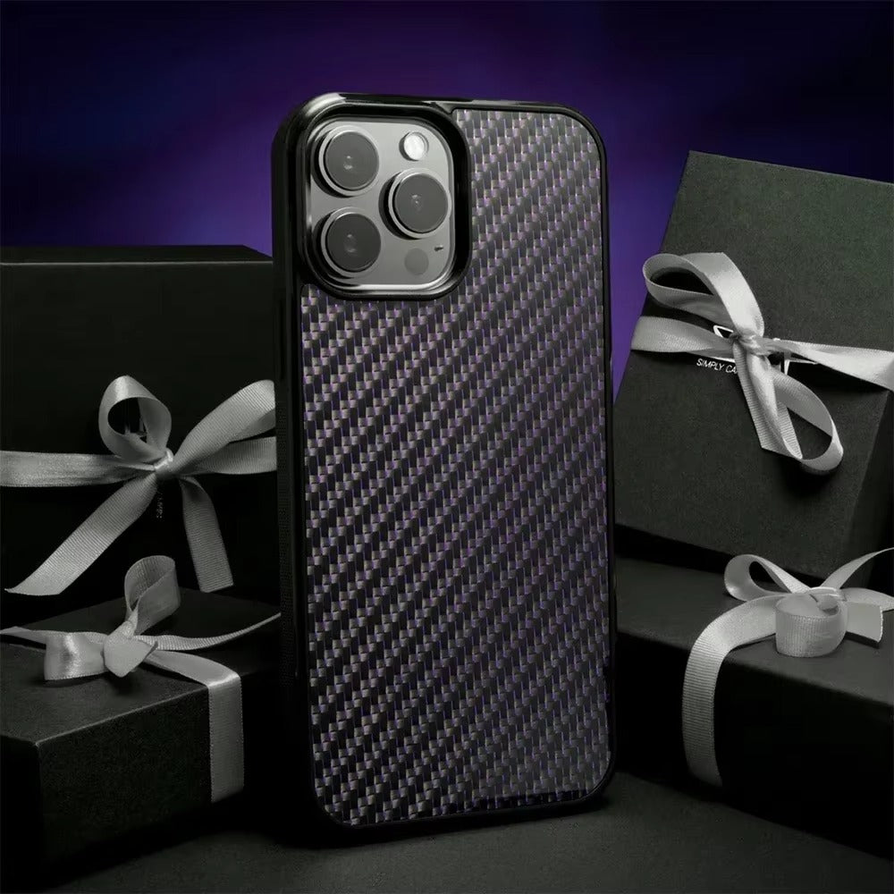 Luxury iPhone Case — Glossy Woven Carbon Fiber MagSafe Cover with Shockproof Dual-Layer Protection, Lightweight Non-Slip Full-Coverage Design