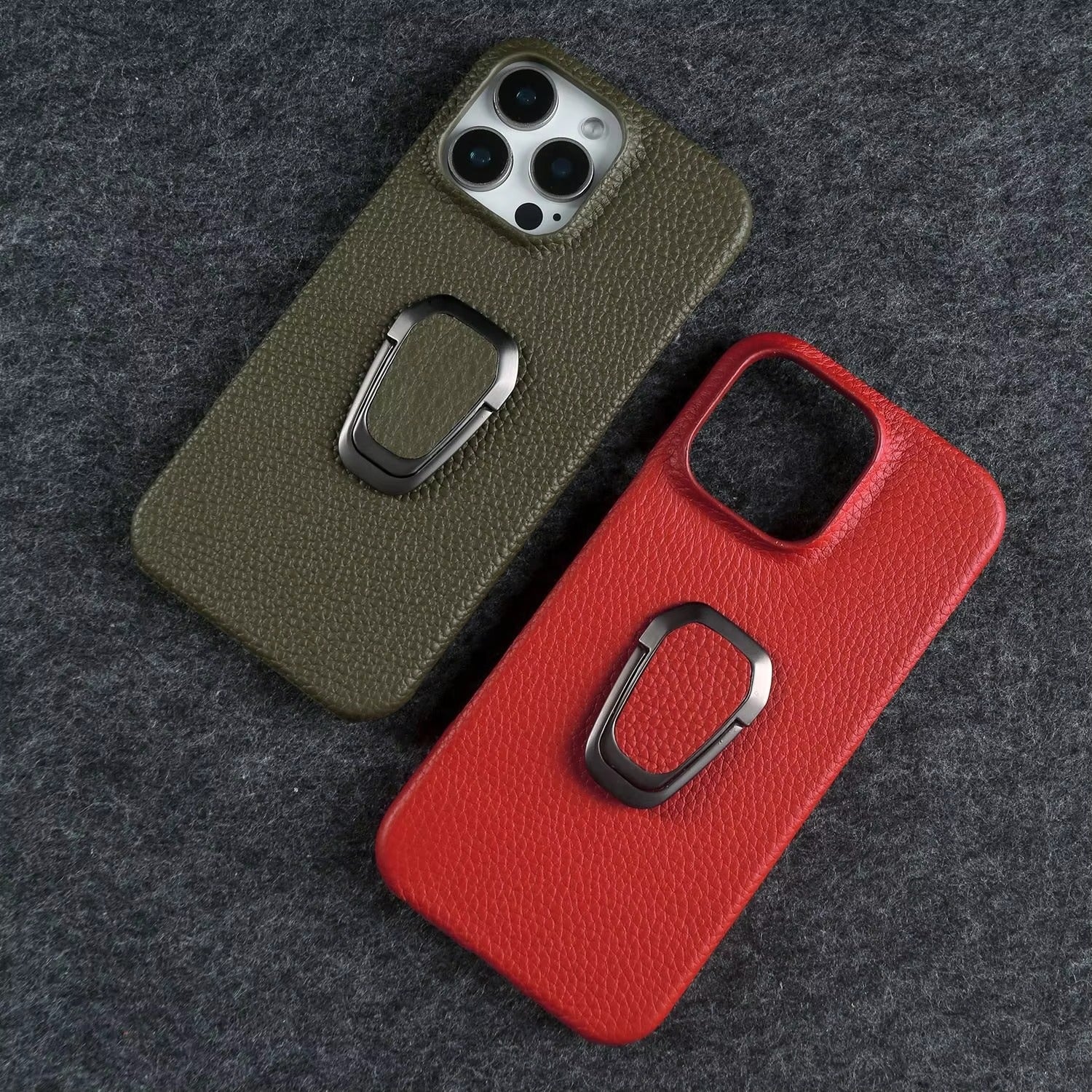 Luxury iPhone Case — Handmade Genuine Leather Cover with Ring Holder, Shockproof PC Shell, Anti-Fingerprint Anti-Scratch Protection & Slim Non-Slip Design