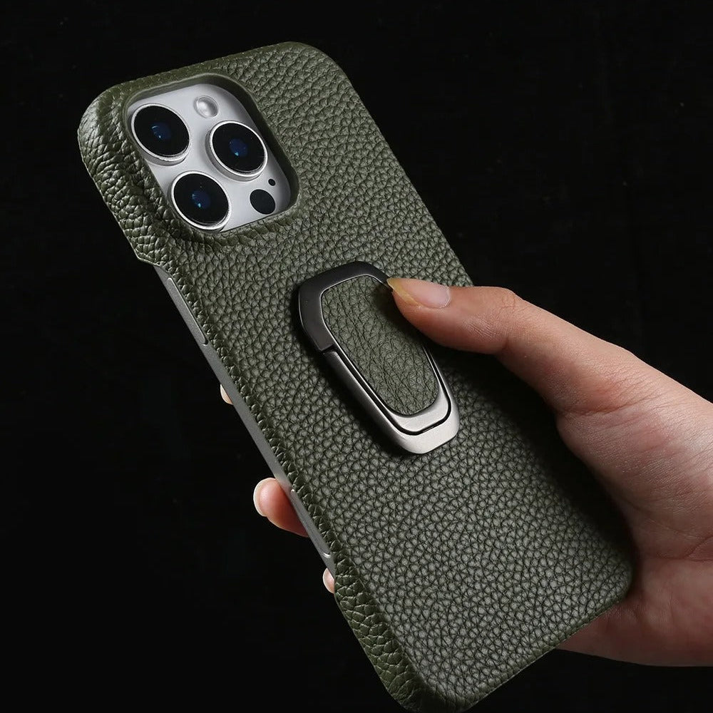 Luxury iPhone Case — Handmade Genuine Leather Cover with Ring Holder, Shockproof PC Shell, Anti-Fingerprint Anti-Scratch Protection & Slim Non-Slip Design