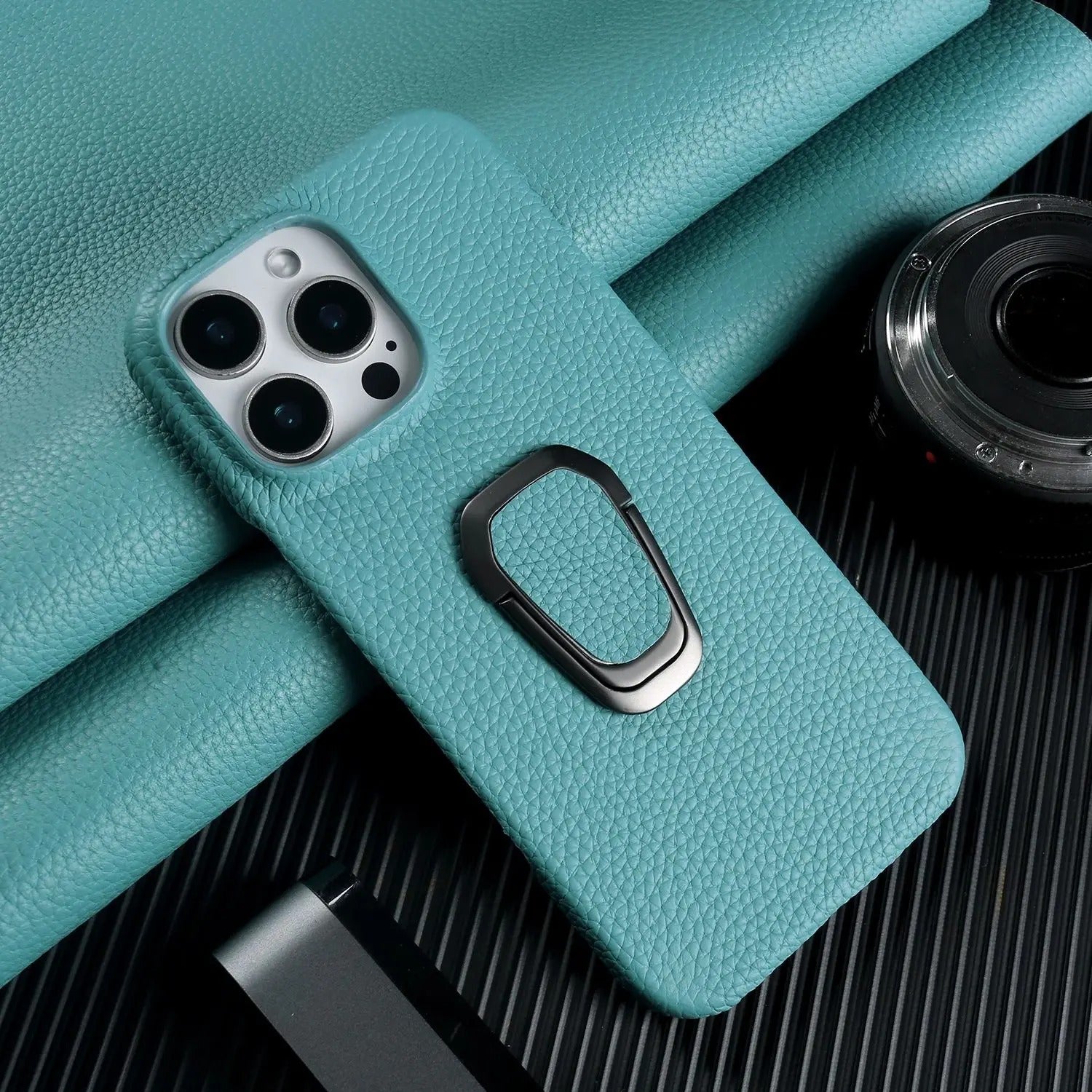 Luxury iPhone Case — Handmade Genuine Leather Cover with Ring Holder, Shockproof PC Shell, Anti-Fingerprint Anti-Scratch Protection & Slim Non-Slip Design