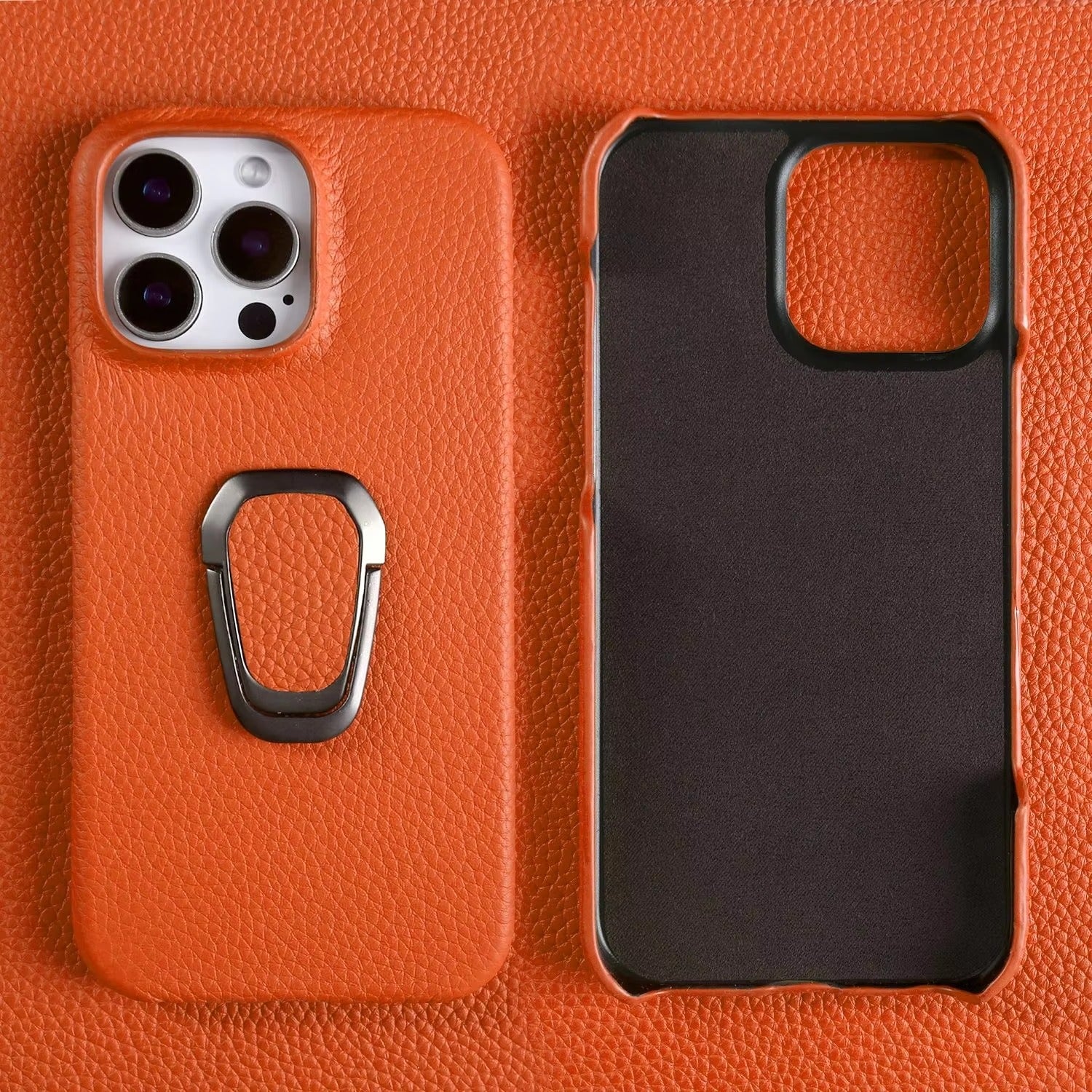 Luxury iPhone Case — Handmade Genuine Leather Cover with Ring Holder, Shockproof PC Shell, Anti-Fingerprint Anti-Scratch Protection & Slim Non-Slip Design