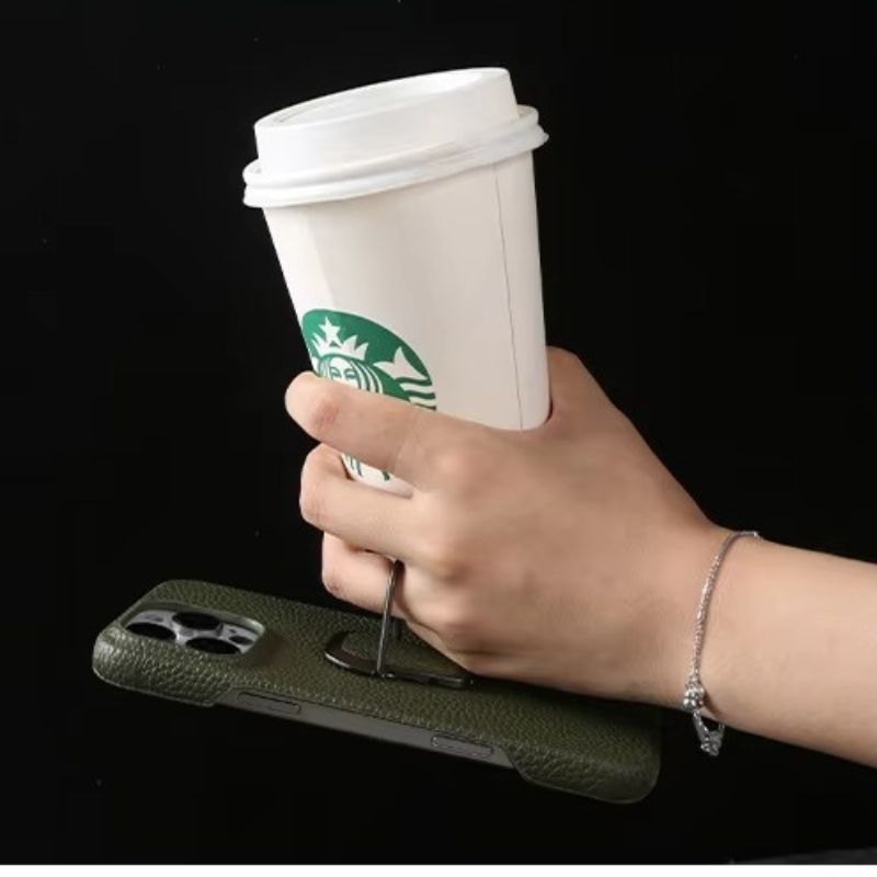 Luxury iPhone Case — Handmade Genuine Leather Cover with Ring Holder, Shockproof PC Shell, Anti-Fingerprint Anti-Scratch Protection & Slim Non-Slip Design