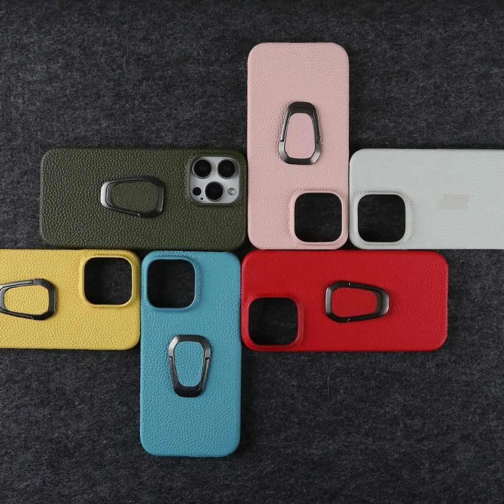 Luxury iPhone Case — Handmade Genuine Leather Cover with Ring Holder, Shockproof PC Shell, Anti-Fingerprint Anti-Scratch Protection & Slim Non-Slip Design