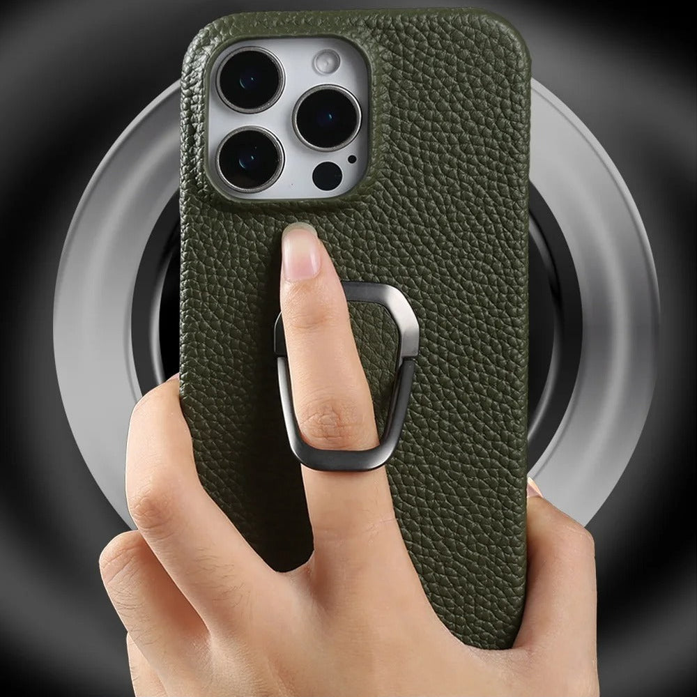 Luxury iPhone Case — Handmade Genuine Leather Cover with Ring Holder, Shockproof PC Shell, Anti-Fingerprint Anti-Scratch Protection & Slim Non-Slip Design