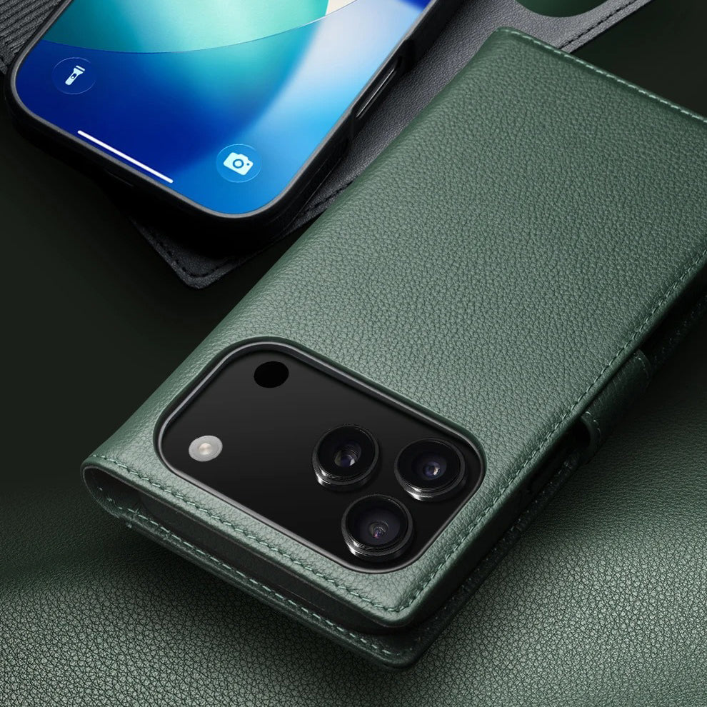 Luxury iPhone Case — Handmade Genuine Leather Wallet Flip Cover with Card Slots, Ultra-Slim Shockproof Design & Horizontal Stand Function