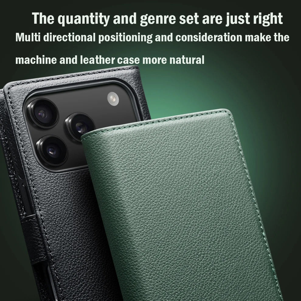 Luxury iPhone Case — Handmade Genuine Leather Wallet Flip Cover with Card Slots, Ultra-Slim Shockproof Design & Horizontal Stand Function