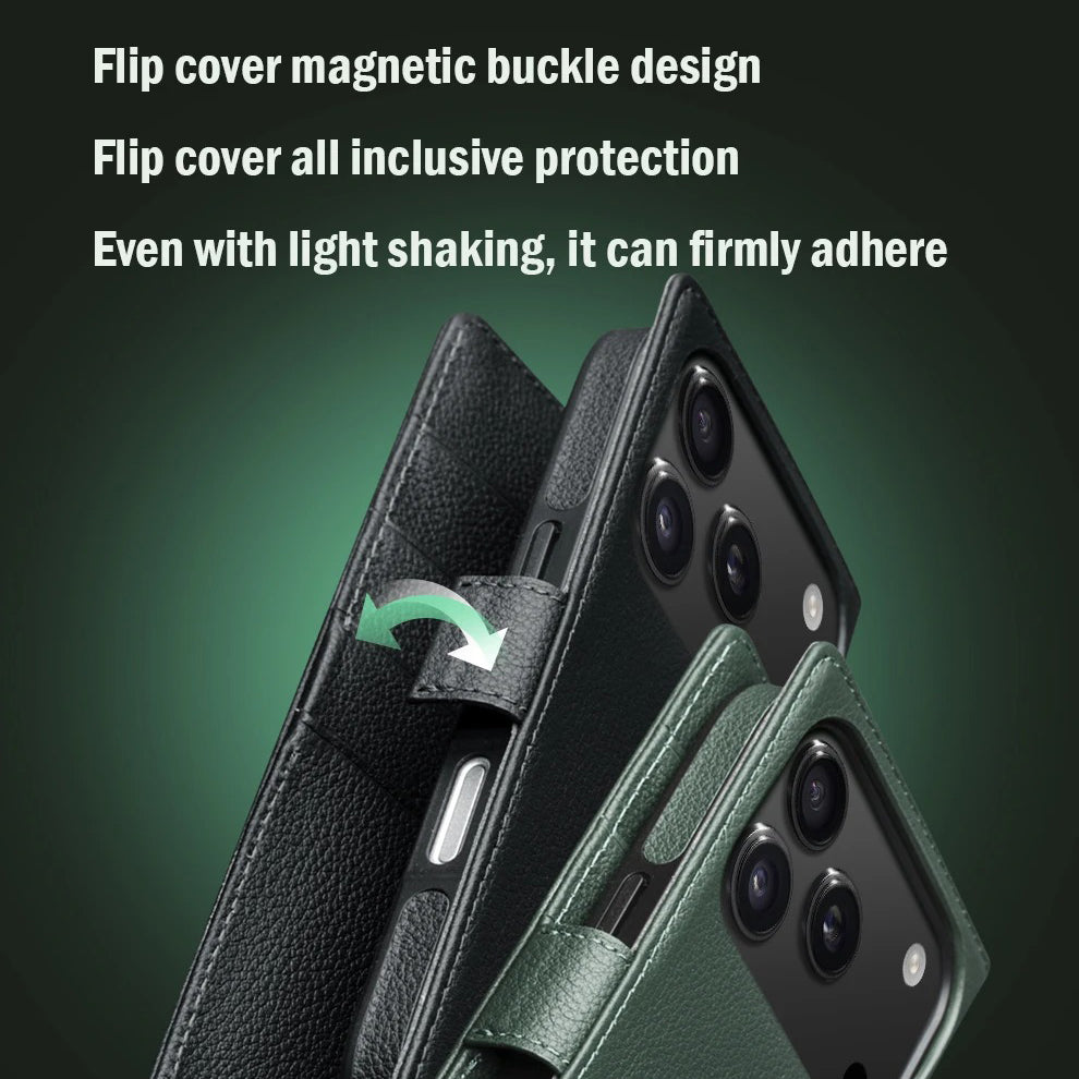 Luxury iPhone Case — Handmade Genuine Leather Wallet Flip Cover with Card Slots, Ultra-Slim Shockproof Design & Horizontal Stand Function