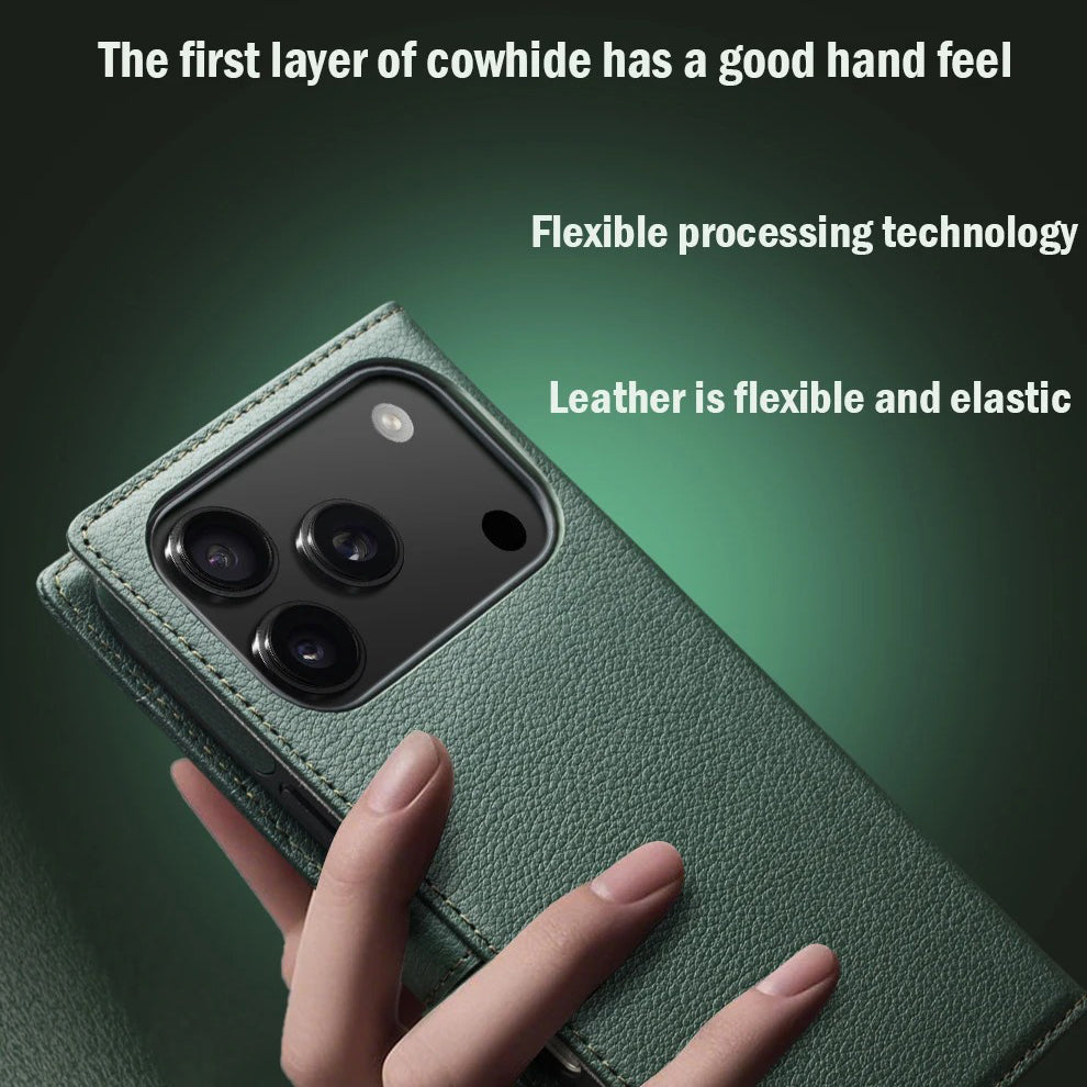 Luxury iPhone Case — Handmade Genuine Leather Wallet Flip Cover with Card Slots, Ultra-Slim Shockproof Design & Horizontal Stand Function