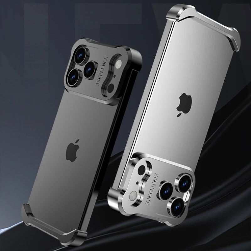 Luxury iPhone Case — Irregular Titanium Alloy Bumper with Shockproof Borderless Design, Lens Protector, Matte Anti-Slip Finish and Lightweight Build