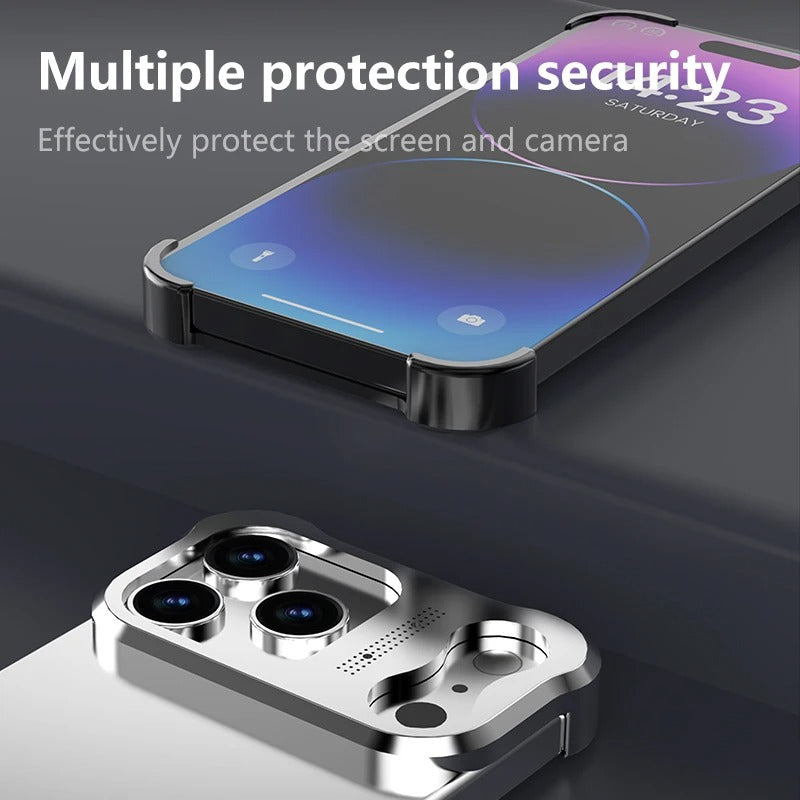 Luxury iPhone Case — Irregular Titanium Alloy Bumper with Shockproof Borderless Design, Lens Protector, Matte Anti-Slip Finish and Lightweight Build
