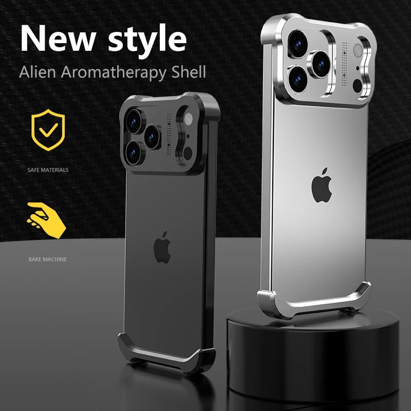 Luxury iPhone Case — Irregular Titanium Alloy Bumper with Shockproof Borderless Design, Lens Protector, Matte Anti-Slip Finish and Lightweight Build