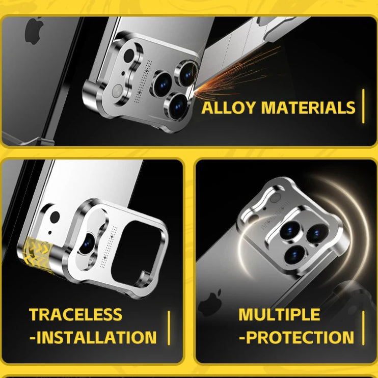 Luxury iPhone Case — Irregular Titanium Alloy Bumper with Shockproof Borderless Design, Lens Protector, Matte Anti-Slip Finish and Lightweight Build