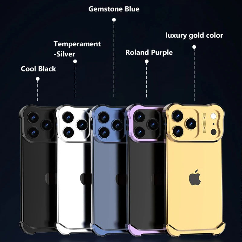 Luxury iPhone Case — Irregular Titanium Alloy Bumper with Shockproof Borderless Design, Lens Protector, Matte Anti-Slip Finish and Lightweight Build