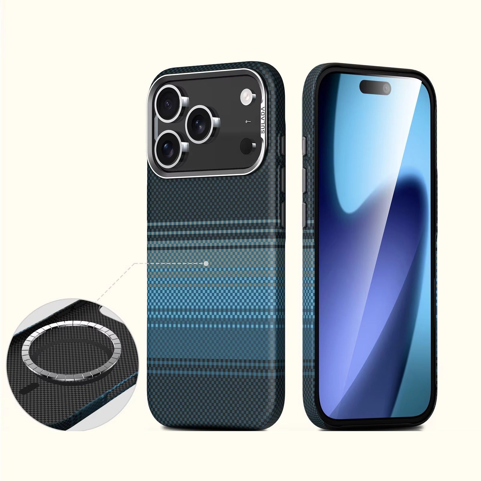 Luxury iPhone Case — Kevlar Carbon-Fiber Texture MagSafe Cover with Tough Shockproof PC Protection and Wireless-Charging Safe Design