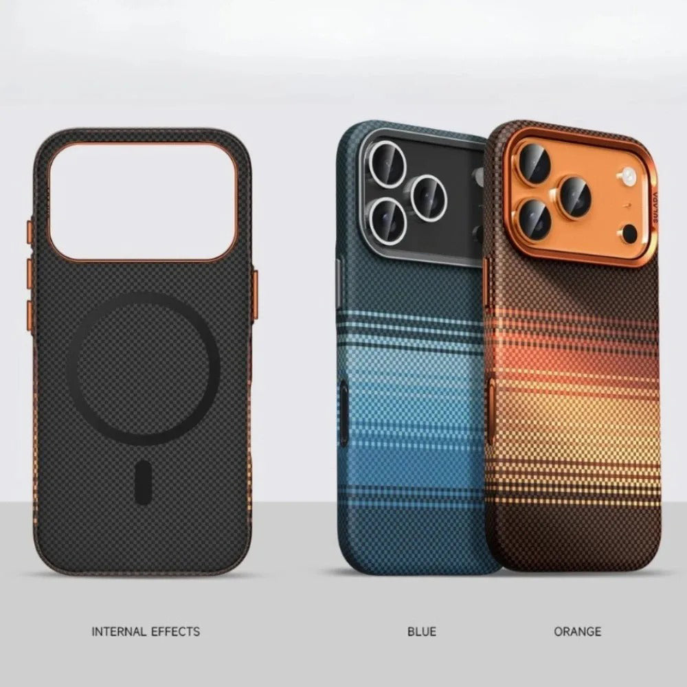 Luxury iPhone Case — Kevlar Carbon-Fiber Texture MagSafe Cover with Tough Shockproof PC Protection and Wireless-Charging Safe Design