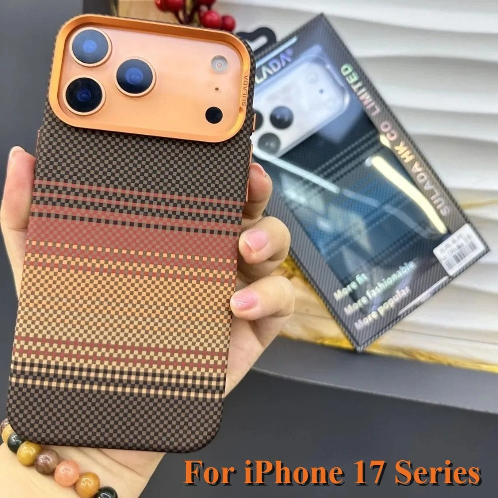 Luxury iPhone Case — Kevlar Carbon-Fiber Texture MagSafe Cover with Tough Shockproof PC Protection and Wireless-Charging Safe Design