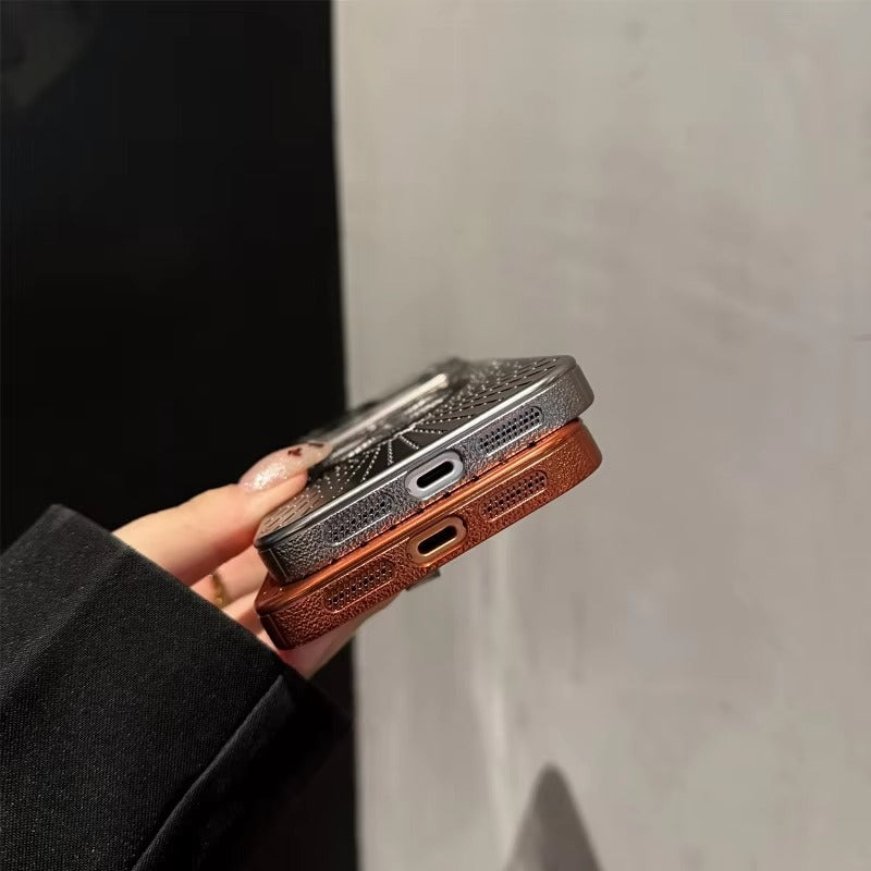 Luxury iPhone Case — Large-Window Litchi Texture MagSafe Cover with Rotating Bracket Stand and Shockproof TPU+PC Protective Design