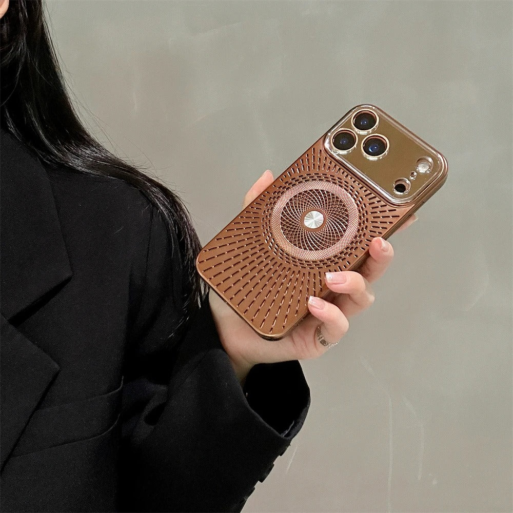 Luxury iPhone Case — Large-Window Litchi Texture MagSafe Cover with Rotating Bracket Stand and Shockproof TPU+PC Protective Design